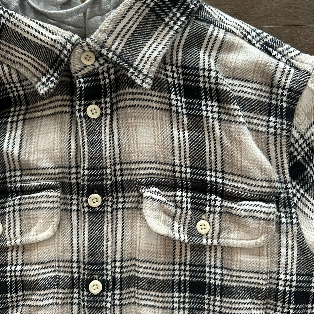 American Eagle Flannel Sherpa‎ Hoodie Cream Black Soft Size S